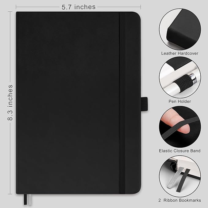 RETTACY Blank Journal Notebook, 192 Pages, A5 Medium Size (5.7'' x 8.3''), Leather Hardcover, 100 GSM Thick Paper, for Sketching, Drawing, Painting (Black)