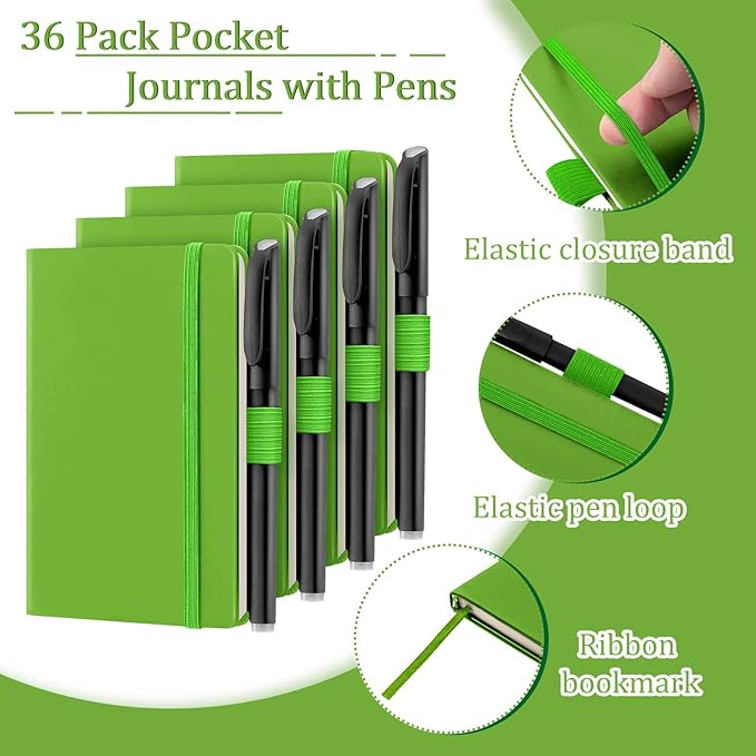 Laumoi 36 Sets Pocket Notebook Journals with Pens A6 Cute Small Journal Notebook Ruled Lined Mini Notepad Hardcover Executive Notebooks Set with Pen Holder for School Office, 3.7 x 5.7 Inch (Green)