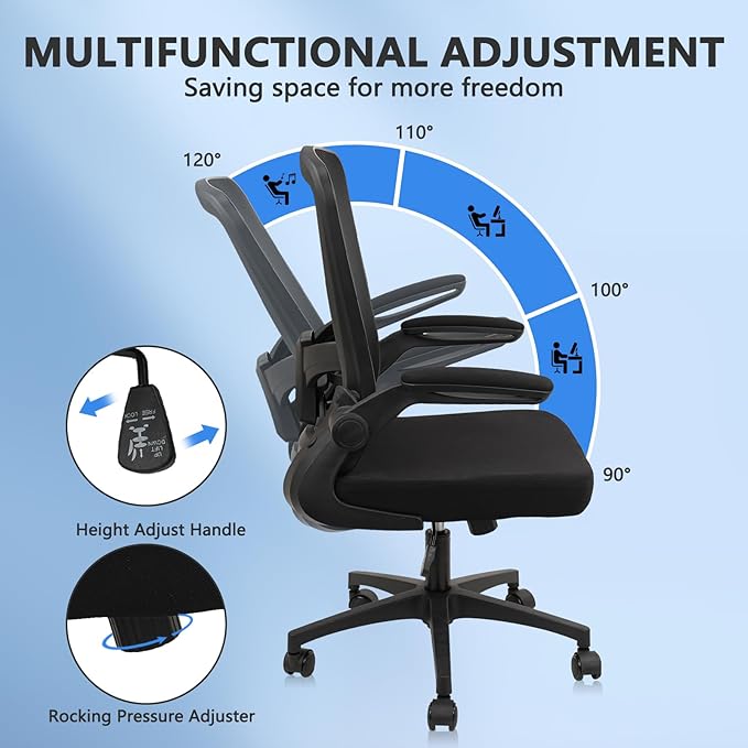 Office Desk Chairs with Wheels, Ergonomic Mesh Chair with Adjustable Height Lumbar Support, Rolling Swivel Computer Task Chair with Flip Up Armrests for Home, Study, Conference, Black (12PK)