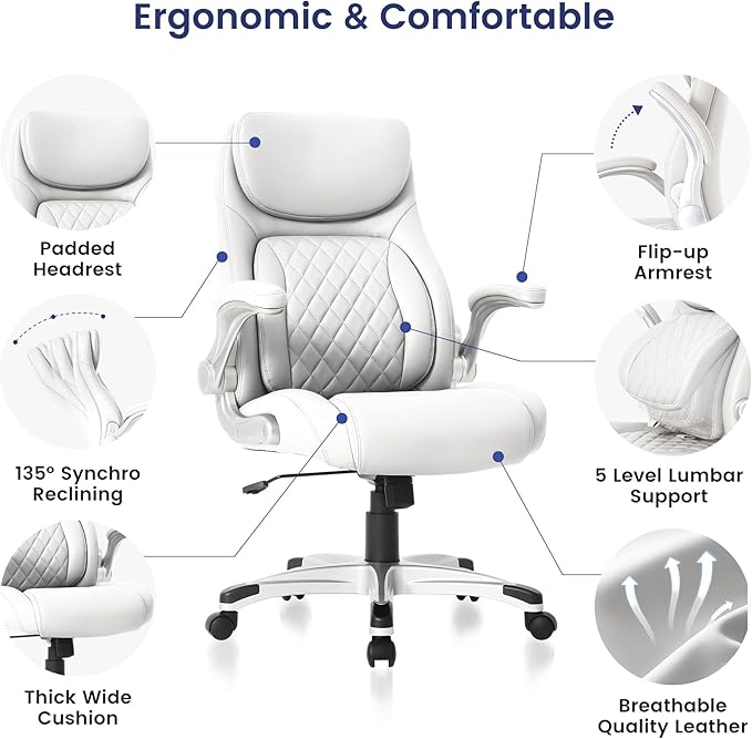 Nouhaus Ergonomic Office Chair Premium Microfiber Leather Adjustable Lumbar Support & Armrests, High Back Comfy Desk Gaming Chairs Executive Computer Swivel Chair Tilt Function(Posture,White)