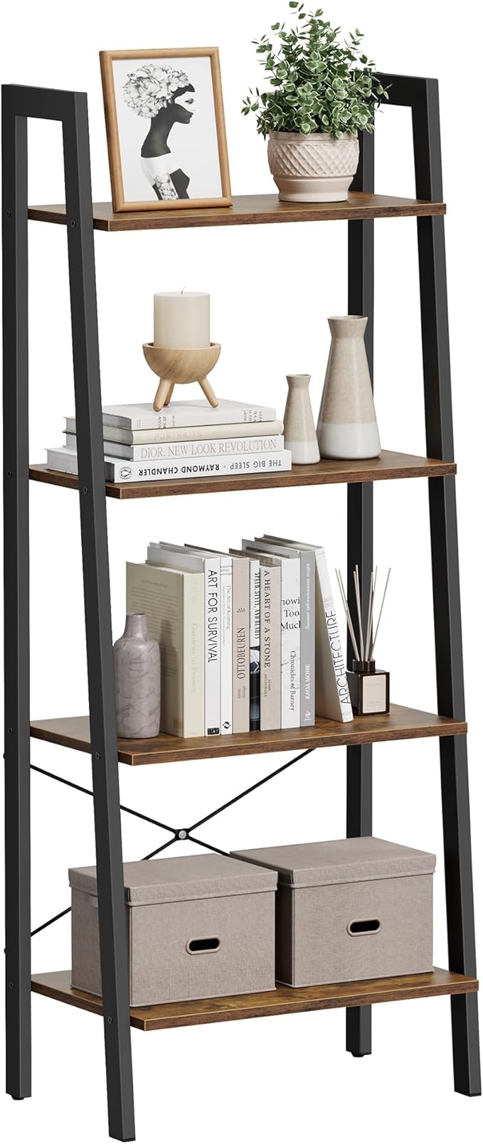 VASAGLE Ladder Shelf, 4-Tier Bookshelf, Storage Rack, Bookcase with Steel Frame, for Living Room, Home Office, Kitchen, Bedroom, Industrial Style, Rustic Brown and Ink Black ULLS44X