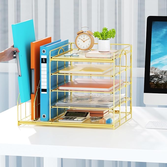 Marbrasse Desk Organizer with File Holder, 5-Tier Paper Letter Tray, Mesh Desk Organizers and Accessories with Magazine Holder, Desktop Organizer and Storage for Office Supplies (Gold)