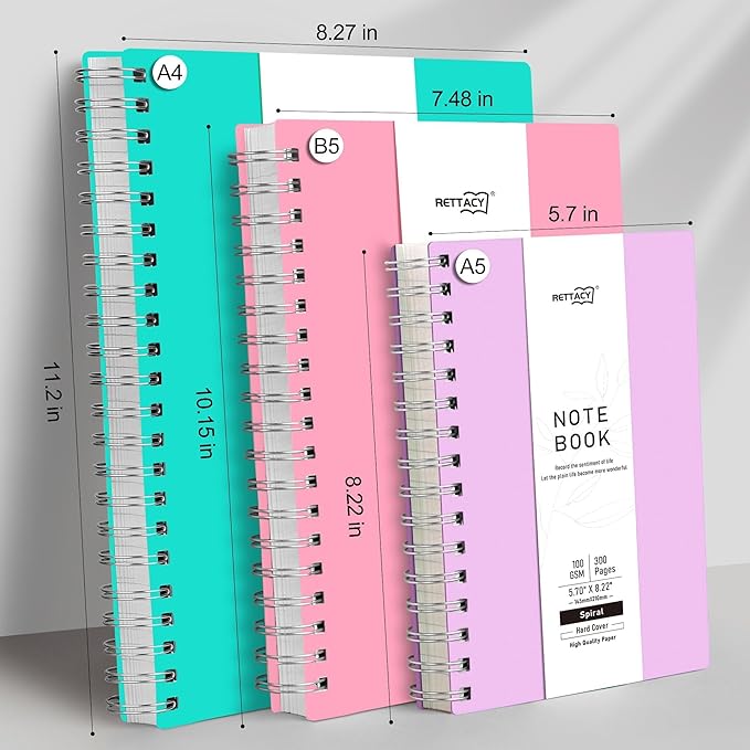 RETTACY Spiral College Ruled Notebook, 300 Pages, B5 Medium Size (7.4" x 10"), for School, Work, Writing, Journaling, 100 GSM Thick Paper, Flexible Plastic Cover (Lilac)