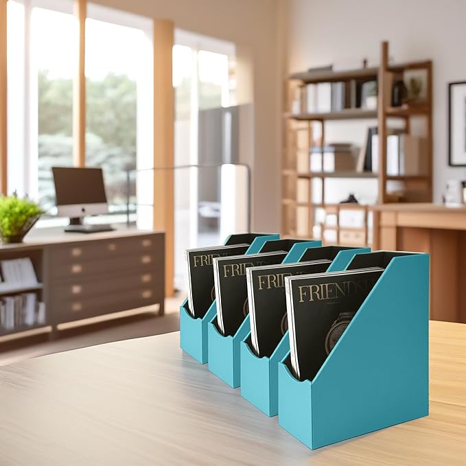 UnionBasic Magazine File Holder, Leatherette Desktop Document Organizer, Home Office Paper Holder File Storage Literature Sorter, Peacock Blue