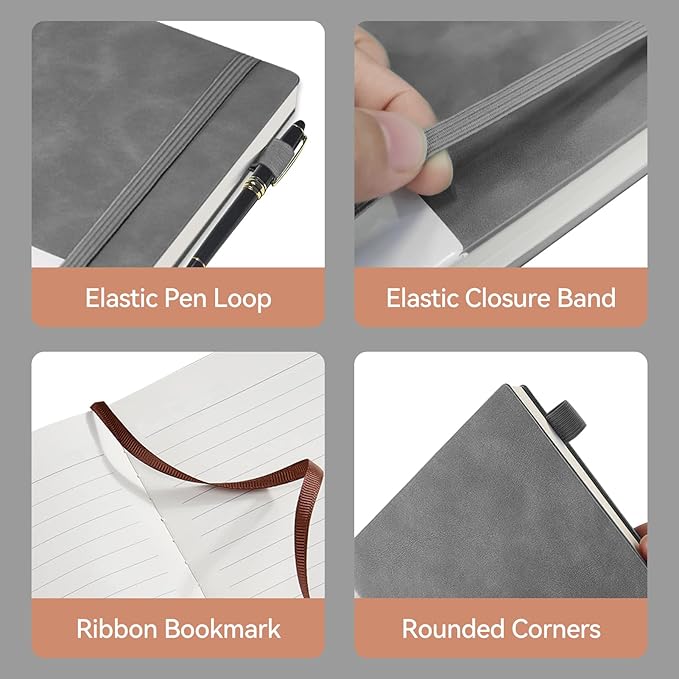 Lined Journal Notebook, 200 Pages, Leather Hardcover Notebooks, A5 College Ruled Thick Classic with Pen Loop Notebook Journals for Writing, for Women Men Office School, 5.75'' X 8.38'', Grey