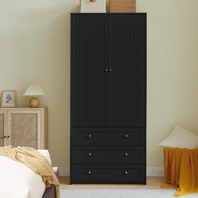 71" Wardrobe Closet Armoire, Wardrobe Armoire Wooden with 2 Doors, 3 Drawers Household Freestanding Wooden Closet Storage Cabinet for Bedroom (Black)