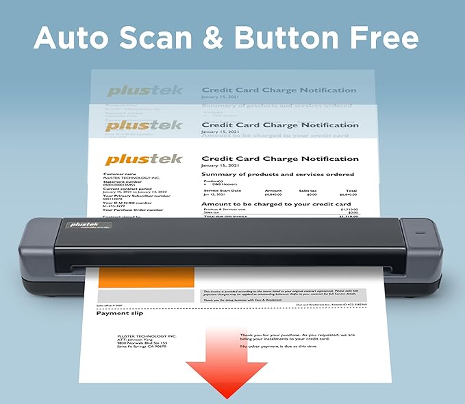 Plustek Mobile Scanner S410 Plus - Portable Sheet-Fed Document Scanner - for Windows 7 / 8 / 10 / 11, Featuring Button-Free Scanning with Included OCR Software