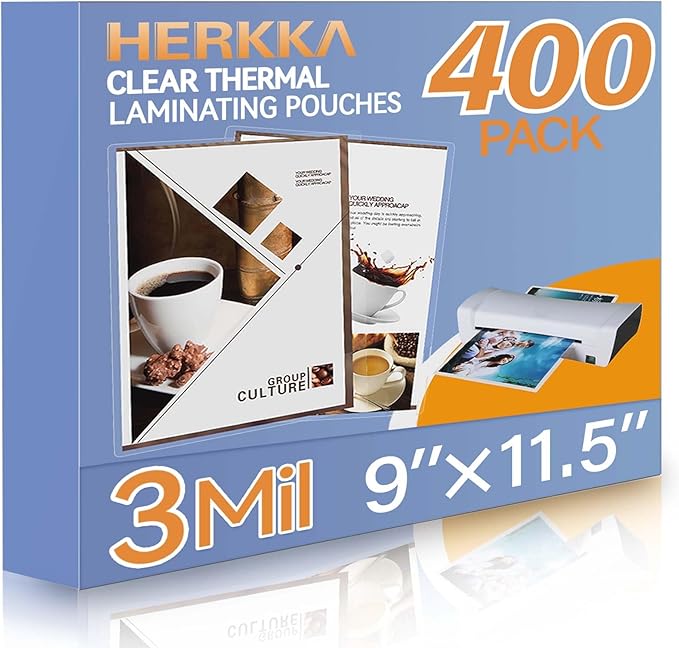 HERKKA 400 Pack Laminating Sheets, Holds 8.5 x 11 Inch Sheets, 3 Mil Clear Thermal Laminating Pouches 9 x 11.5 Inch Lamination Sheet Paper for Laminator, Round Corner Letter Size