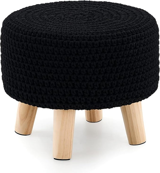 Boho Ottoman Foot Stool Cotton Knitted Round Pouf Ottoman Foot Rest Stool with Non-Skid Wooden Legs Step Stool Padded Seat for Living Room Black