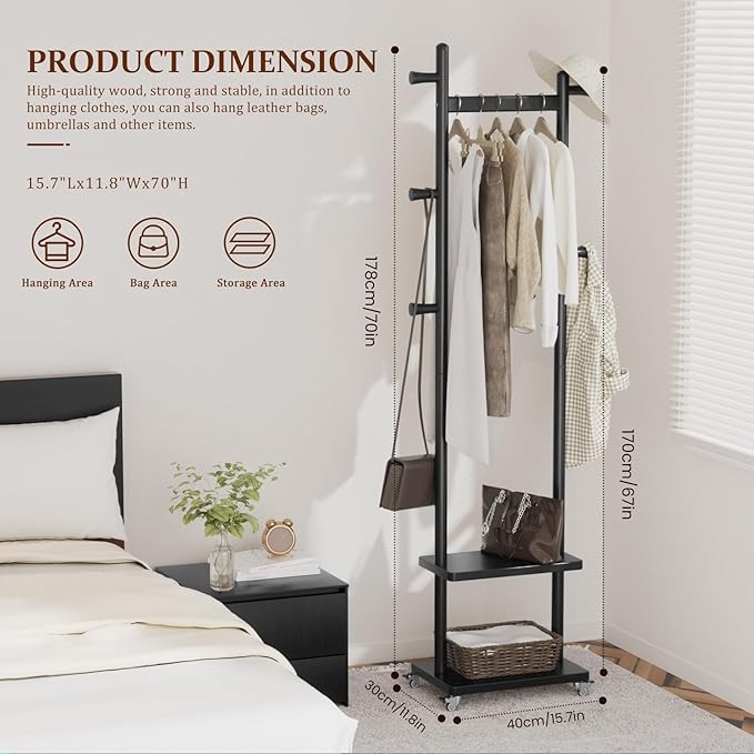 Coat Rack Freestanding Clothing Rack with Wheels & 2 Shelves Storage & 5 Hooks Heavy Duty Clothes Rack Wood Coat Tree Stand Hat Hanger Rack for Corner Bedroom Entryway Living Room Hotel