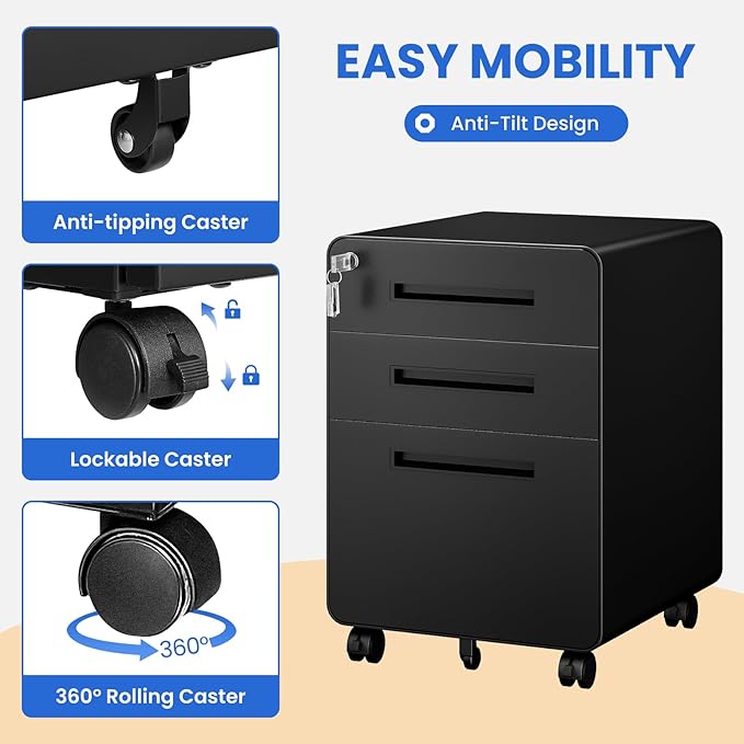 MIIIKO Mobile Filing Cabinet 3 Drawer, Rolling Small File Cabinet with Keys Under Desk, Modern Black Filing Cabinets for Home Office with Anti-tilt Wheels, A4/Letter/Legal Hanging File Drawers