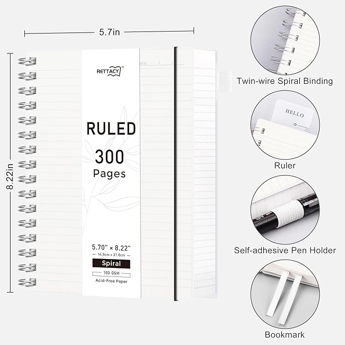 RETTACY Spiral College Ruled Notebook, 300 Pages, A5 Medium Size (5.7" x 8.2"), for School, Work, Writing, Journaling, 100 GSM Thick Paper, Flexible Plastic Cover (Transparent)