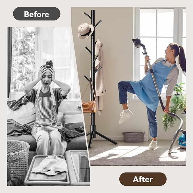 Wooden Tree Coat Rack Stand,Sturdy Freestanding Coat Rack with 8 Hooks,3 Adjustable Height for Child Adult,Wood Coat Stand Tree Fits Entryway Bedroom Office for Bags,Hats