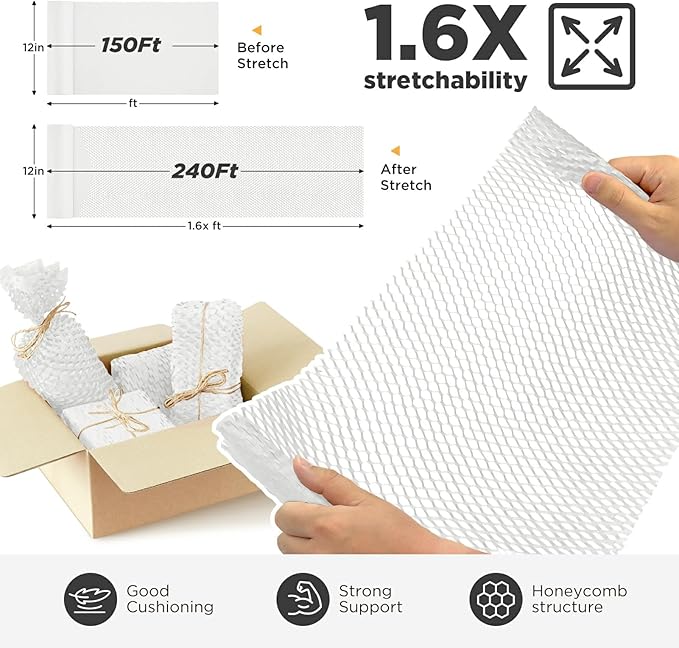 Honeycomb Packing Paper, 12"x150' White | Perforated Honeycomb Packing Paper Recyclable Moving Supplies for Shipping & Moving | Plastic-Free Alternative to Bubble Cushion Wrap with 36 Fragile Stickers