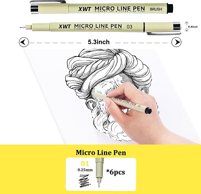 Micro Fineliner Pens 6Pcs 0.25mm/Set, Ultra Fine Fineliner Pen, Water-based Black Pigment Ink, Drawing Journaling Doodling Supplies for Artists, Designers, Students
