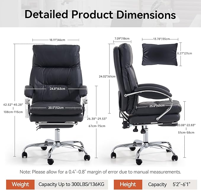 LEAGOO Reclining Office Chair with Foot Rest, Executive Office Chairs with Arms, Ergonomic High Back PU Leather Comfy Swivel Computer Desk Chairs with Wheels and Lumbar Support for Home Office, Black