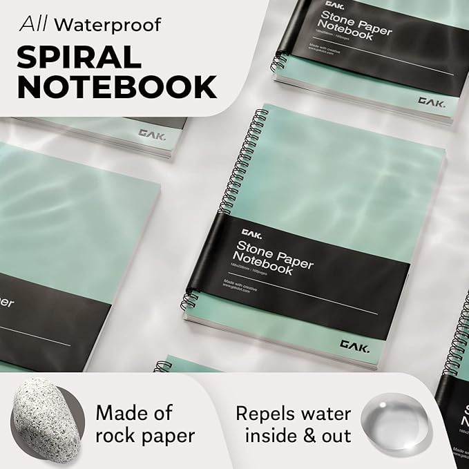 GAK. Stone Paper Waterproof Sheet Spiral Notebook (M Size) – 5.8”x8.3”, 50 sheets, Stone Paper Notebook Journal Note Taking - Waterproof Notepad College Ruled Paper Black Notebook Aesthetic School