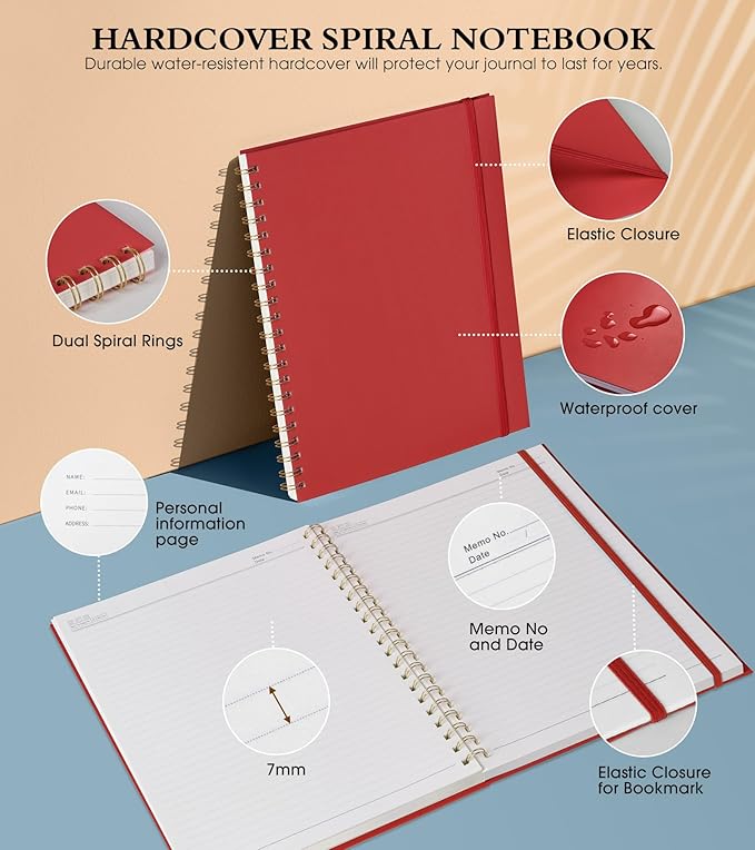 Spiral Notebook Journal 8.5” x 11”, A4 Large Notebooks for Women Men, College Ruled Lined Journal, 100 GSM Paper, Hardcover Spiral Bound Journals for Work School Writing Note Taking Business, Red