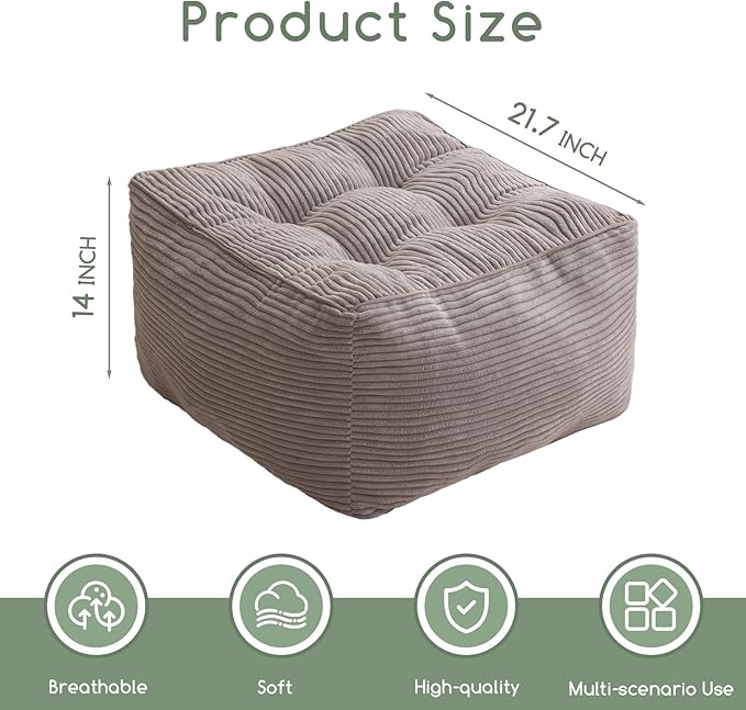 HIGOGOGO Square Stuffed Pouf Ottoman, Corduroy Poufs with Foam Chunk Filling, Furry and Fluffy Pouf Foot Stool Storage Ottoman, 21 X 21 Floor Poufs Foot Rest for Living Room, Grey
