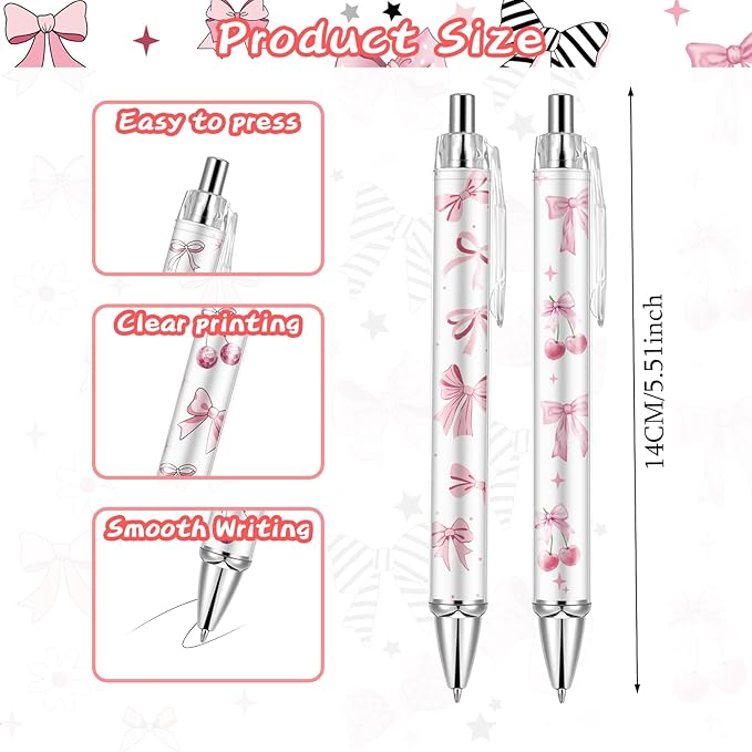10Pcs Cute Pink Bow Pens Coquette Bow Ballpoint Pens Retractable Ballpoint Pens for Writing Journal Taking Notes School Office Home (Bow, 10)