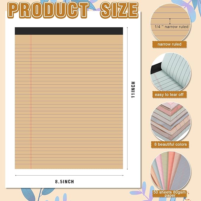Fuutreo 8 Pcs 8.5'' x 11'' Colored Legal Pad Writing Pads Narrow Ruled 50 Sheets Per Notepad Perforated Writing Notepad Office Supplies for College Office Business (Advanced Grey)