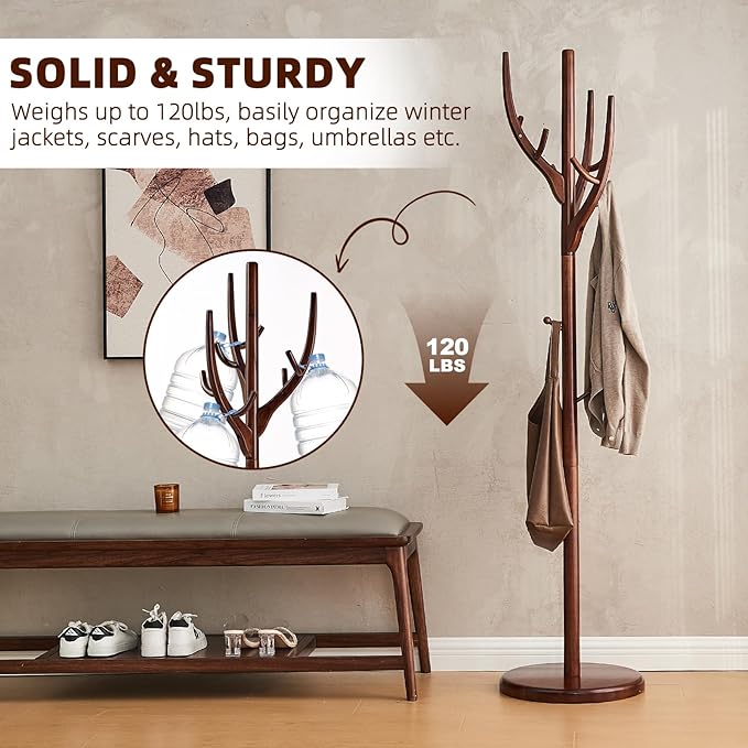 Uniclinens Coat Rack Freestanding Solid Wood Coat Tree Standing with 12 Hooks, Coat Rack Stand Creative Tree Branch-look (Walnut)
