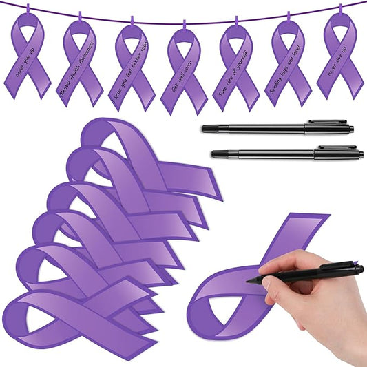 Kosiz 100 Pack Large Purple Ribbon Set 100 Alzheimer's Awareness Cutouts 2 Marker Pens 100 Wooden Clips with Rope Domestic Violence Awareness Items for Purple Recovery Month Charity Supplies