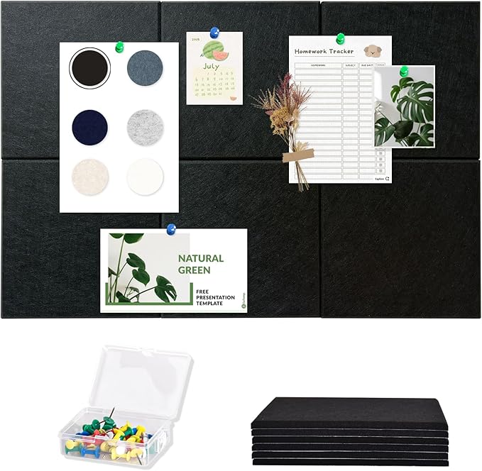 Large Cork Board for Wall with Pins, 36" x 24" Bulletin Board Self-Adhesive Pin Board | Customized 6 Packs Felt Tiles for Office Home Wall Decor, Black