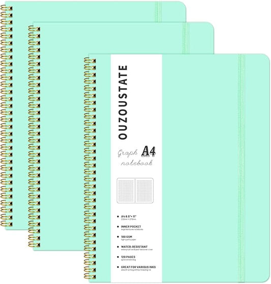 Graph Paper Notebook 8.5" x 11", A4 Mint Green Grid Notebook Journal Hardcover College Ruled Notebook for Work, 120 Pages 100GSM Large Thick Spiral Writing Journal for Women & Men