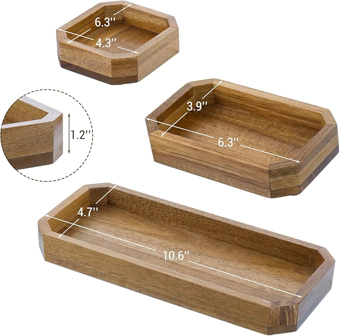 MyGift Premium Solid Acacia Wood Octagonal Desk Organizer Trays Office Stationery Holders, 3 pc Set