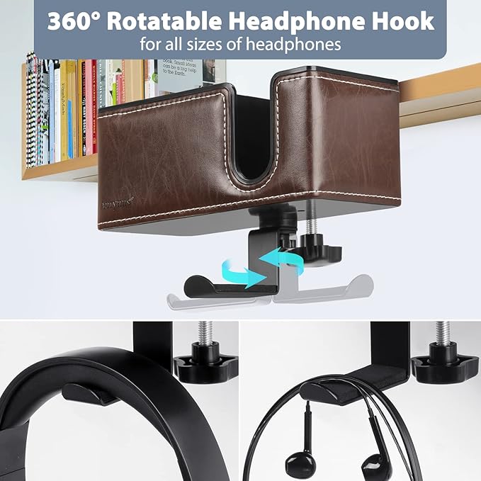 Desk Cup Holder Clip on Pen Holder Headphone Hanger Headset Stand Rotatable Clamp Hook Under Desk (Brown)