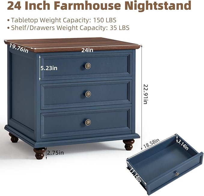 24" Wide Farmhouse Night Stand,Large End Table with 3 Drawers & Metal Handle,Blue Wood Dresser for Bedroom Cabinet, Bed Side Tabl·e Chest of Drawers,Nightstand for Living Room,Close