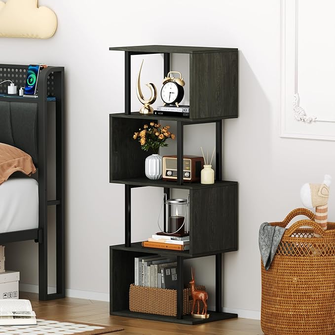 Furologee Geometric Bookshelf 5 Tier Bookcase, Industrial S-Shaped Display Storage Shelf for Small Space, Tall Metal Wood Decorative Standing Shelves for Bedroom, Living Room, Office, Black Oak