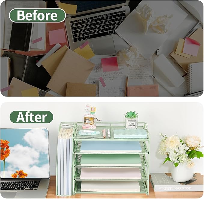 AUPSEN Green Desk Accessories Organizer,5-Tier Letter Tray Paper Organizer with Adjustable File Holder, Desktop Office Desk Accessories for Office Supplies
