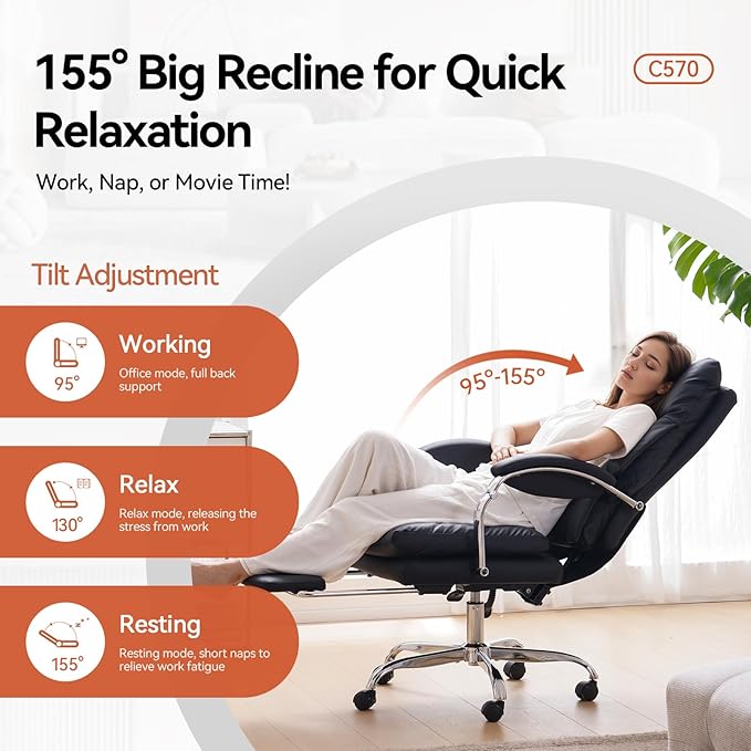 LEAGOO Reclining Office Chair with Foot Rest, Executive Office Chairs with Arms, Ergonomic High Back PU Leather Comfy Swivel Computer Desk Chairs with Wheels and Lumbar Support for Home Office, Black