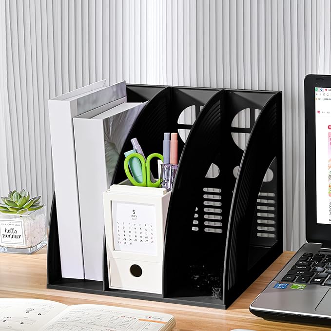 SAYEEC Desk Organizer File Magazine Storage Holder with 3 Vertical Compartments Rack Magazine Divider for Office Organization Home Workspace,Black