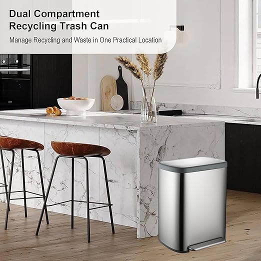 Kitchen Trash Can 16 Gallon, 2 x 30 Liters Trash and Recycle bin Combo, Dual Compartment & Soft Close Lid, Stainless Steel Trash Can, Fingerprint-Proof, 60L Pedal Recycling Bin