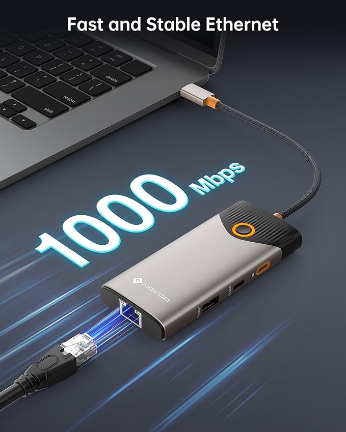 NOVOO USB C Hub Ethernet 4K@60 USB C HDMI Adapter Multiport Type C Adapter, 100W PD, 5Gbps USB-A/C Data Ports Docking Station Compatible for MacBook/iPhone/Dell/HP/Surface