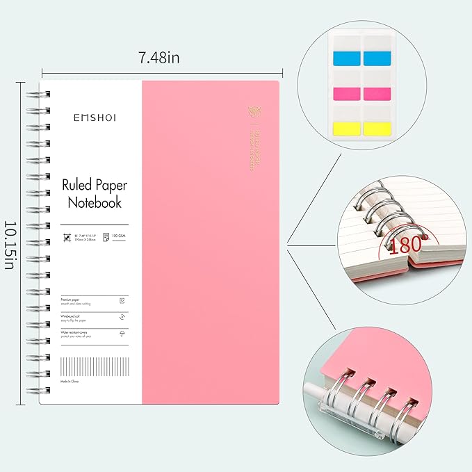 EMSHOI B5 Spiral Notebook College Ruled Lined Journal, Large 7.48" X 10.15", 300 Pages/150 Sheets, 100gsm Thick Paper, Waterproof Hardcover, for Office School Women Men Work Writing Notes-Pink