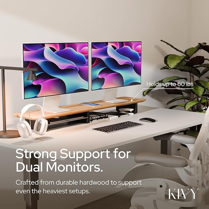 KIVY Dual Monitor Riser With Integrated Metal Shelf [MADE BY HAND] - Wooden Desk Shelf for 2 Monitors - Wide Long Stand for Desk (44 x10x3in - Oak)