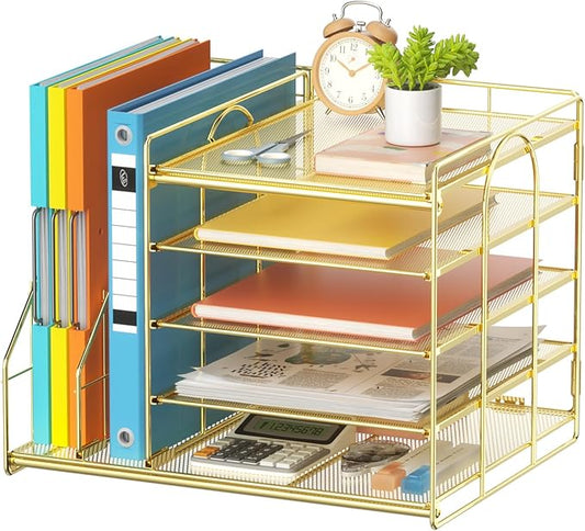 Marbrasse Desk Organizer with File Holder, 5-Tier Paper Letter Tray, Mesh Desk Organizers and Accessories with Magazine Holder, Desktop Organizer and Storage for Office Supplies (Gold)