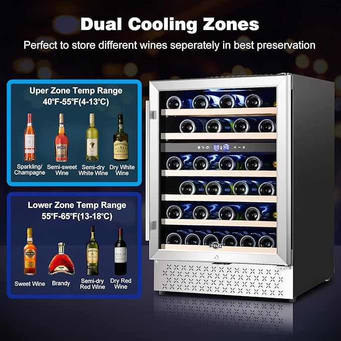 Tylza 24 Inch Dual Zone Wine Cooler Refrigerator, 46 Bottle Built-in or Freestanding, 24'' Wine Fridge with Stainless Steel & Professional Compressor and Temperature Memory Function