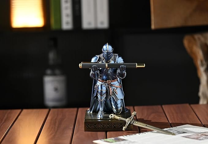 Medieval Armored Warrior Wearing Outerwear, Mobile Phone Stand Knight Pen Holder Desk Organizers, Resin Bookends Paperweight with a Letter Opener for Desk (Blue)