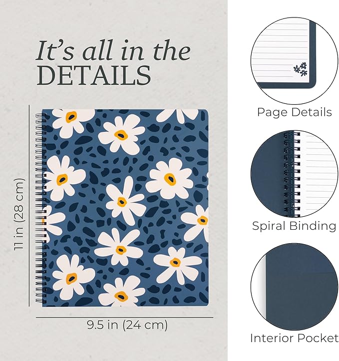 Steel Mill & Co Cute Large Spiral Notebook College Ruled, 11" x 9.5" with Durable Hardcover and 160 Lined Pages (Leopard Daisy)