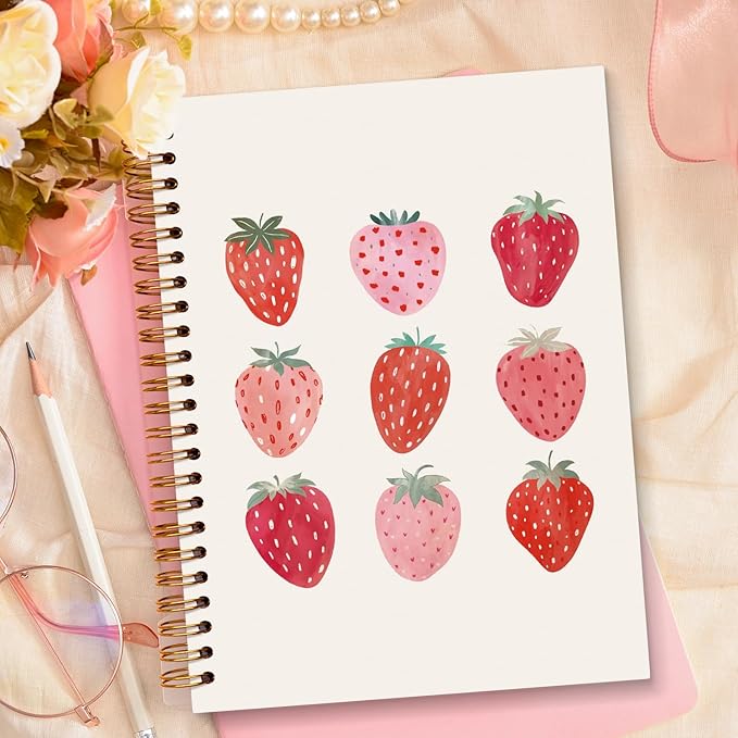 JXREQ Strawberry Pink Notebook Journal for Women Teen Girls Note Taking Writing College, Strawberry Office School Supplies, Cute Spiral Notebooks 5.5x8.3