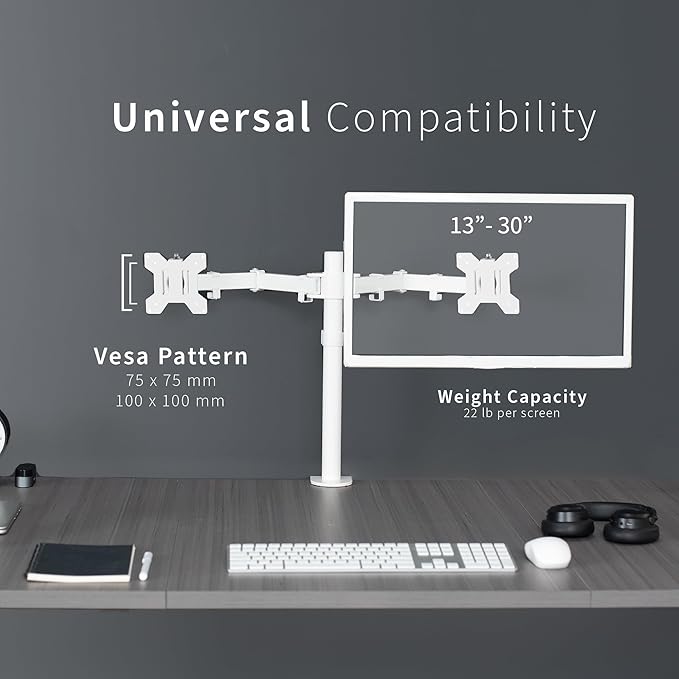 VIVO White Dual 13 to 27 inch LCD LED Monitor Desk Mount Stand with C-clamp and Bolt-Through Grommet, Heavy Duty Fully Adjustable Arms for 2 Screens STAND-V002W