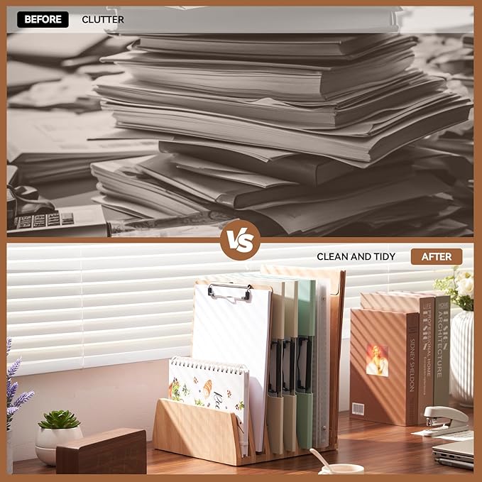 KIRIGEN Desktop File Document Holder Stand 7 Slots Mail Paper Organizer Desk Sorter Holder for File Document Organizer Stand for Home Office Natural (7KWJJ-NA)