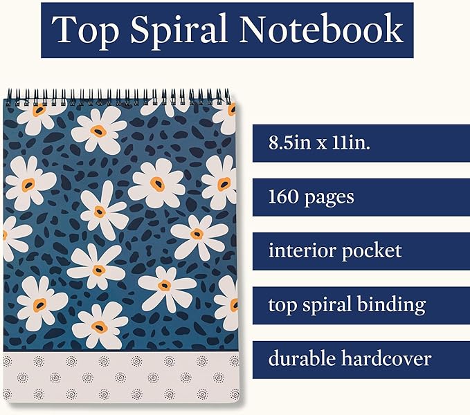 Steel Mill & Co Large Top Spiral Notebook College Ruled, 11" x 8.5" with Durable Hardcover and 160 Lined Pages (Leopard Daisy)
