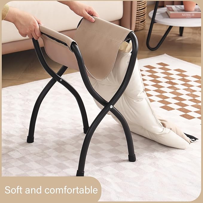 LITA Folding Upholstered Footrest Stool, Modern Small Portable Accent Ottoman with Detachable Thick Cotton Cushion Padded Sofa Stool with Metal Frame for Lazy Chair, Living Room & Bedroom, Beige