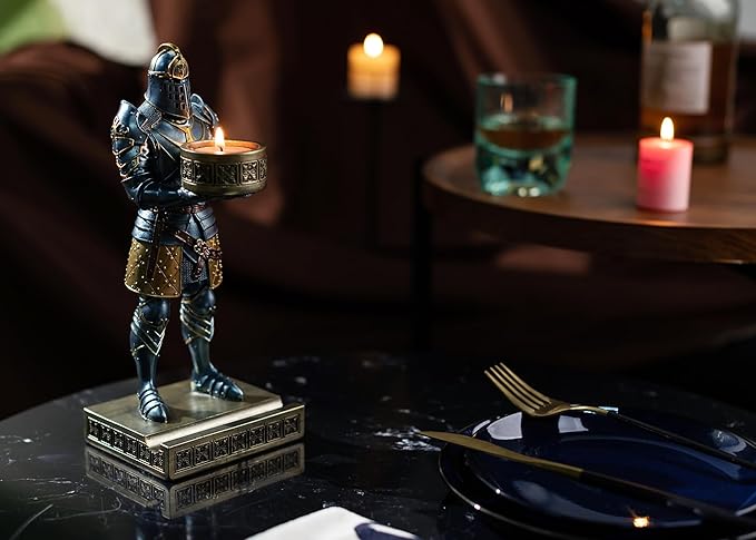 King's Guard Standup Knight Candlestick Holders Resin TeaLight Holder Warrior Mobile Phone Stand Pen Holder Candle Holder for Restaurant, Altar, Home Table(Blue)